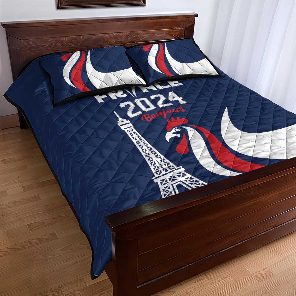 France 2024 Bonjour Quilt Bed Set Eiffel Tower Gallic Rooster - Wonder Print Shop