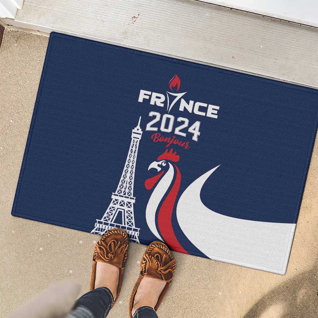 France 2024 Bonjour Rubber Doormat Eiffel Tower Gallic Rooster - Wonder Print Shop