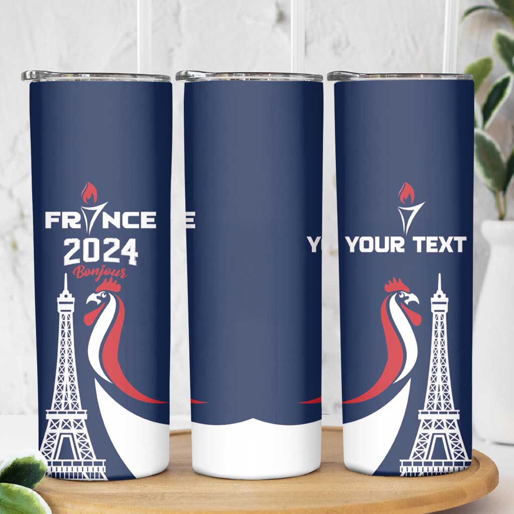 Personalized France 2024 Bonjour Skinny Tumbler Eiffel Tower Gallic Rooster - Wonder Print Shop