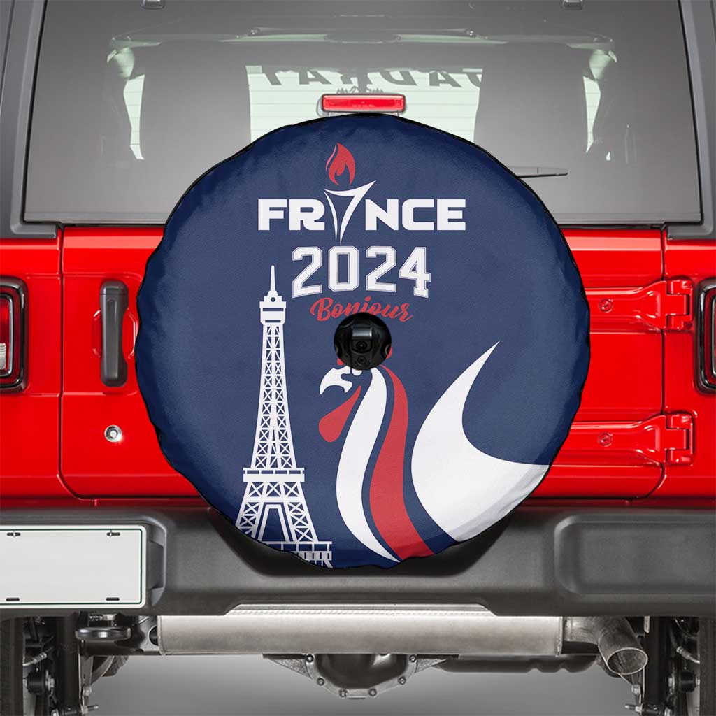 France 2024 Bonjour Spare Tire Cover Eiffel Tower Gallic Rooster - Wonder Print Shop