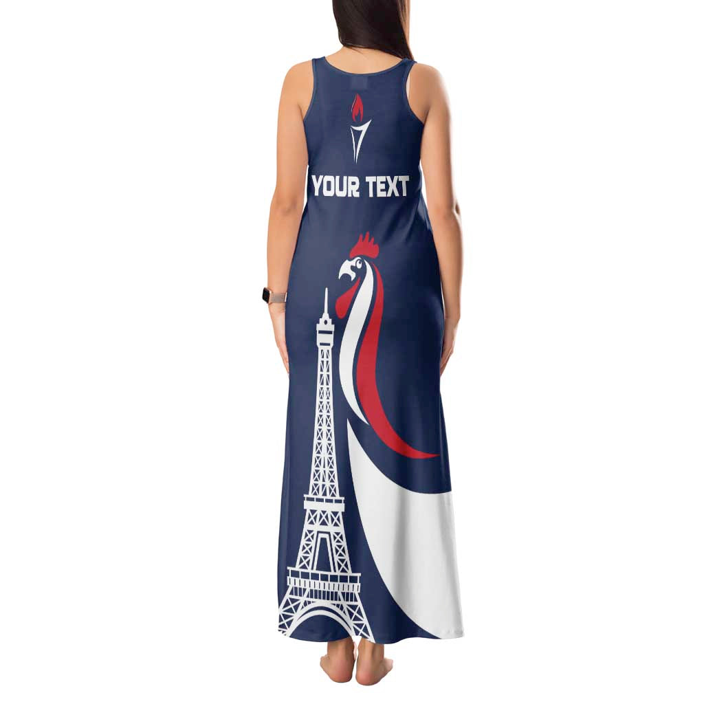 Personalized France 2024 Bonjour Tank Maxi Dress Eiffel Tower Gallic Rooster - Wonder Print Shop