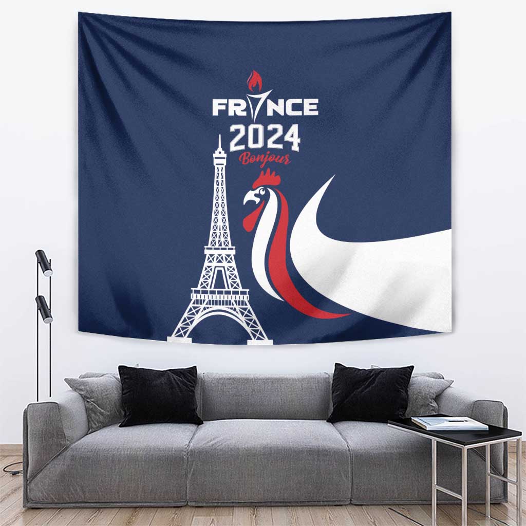 France 2024 Bonjour Tapestry Eiffel Tower Gallic Rooster - Wonder Print Shop