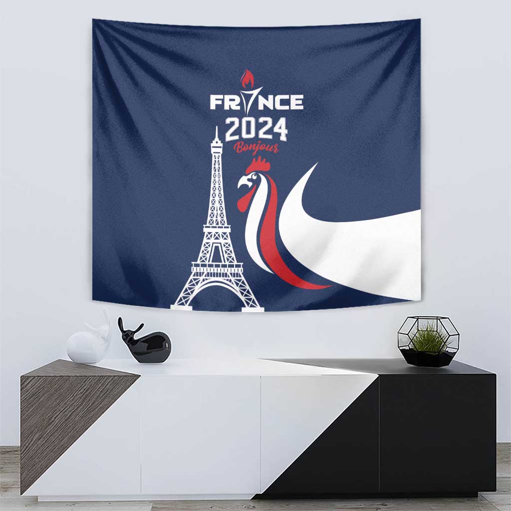 France 2024 Bonjour Tapestry Eiffel Tower Gallic Rooster - Wonder Print Shop