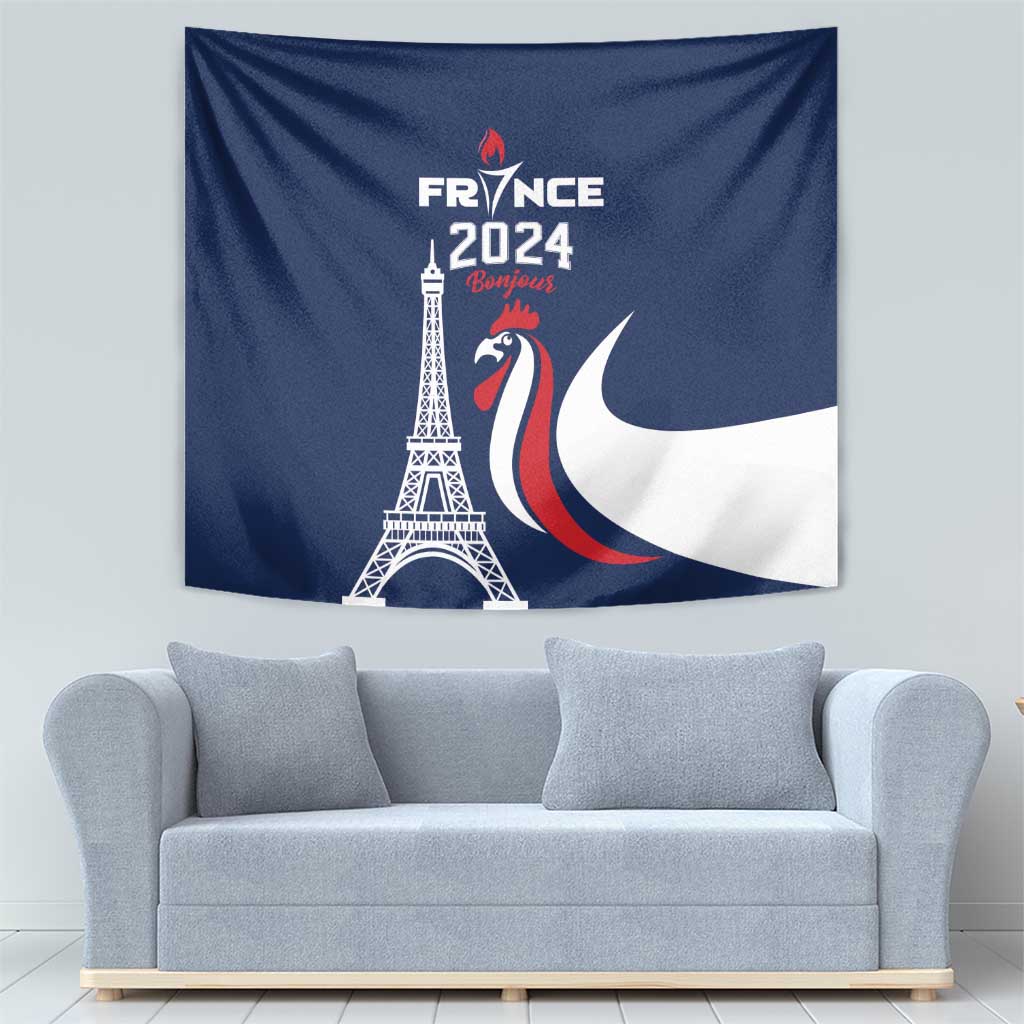 France 2024 Bonjour Tapestry Eiffel Tower Gallic Rooster - Wonder Print Shop