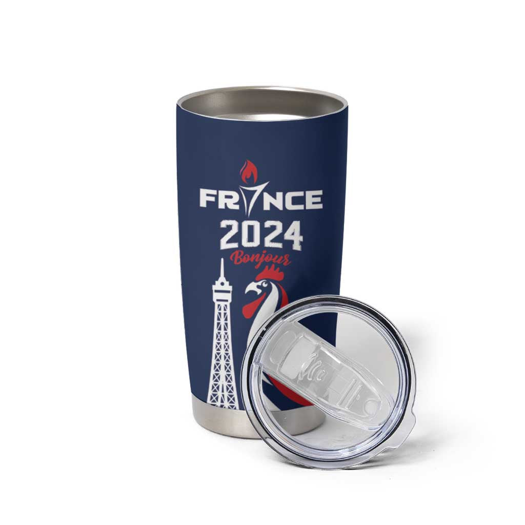 Personalized France 2024 Bonjour Tumbler Cup Eiffel Tower Gallic Rooster - Wonder Print Shop