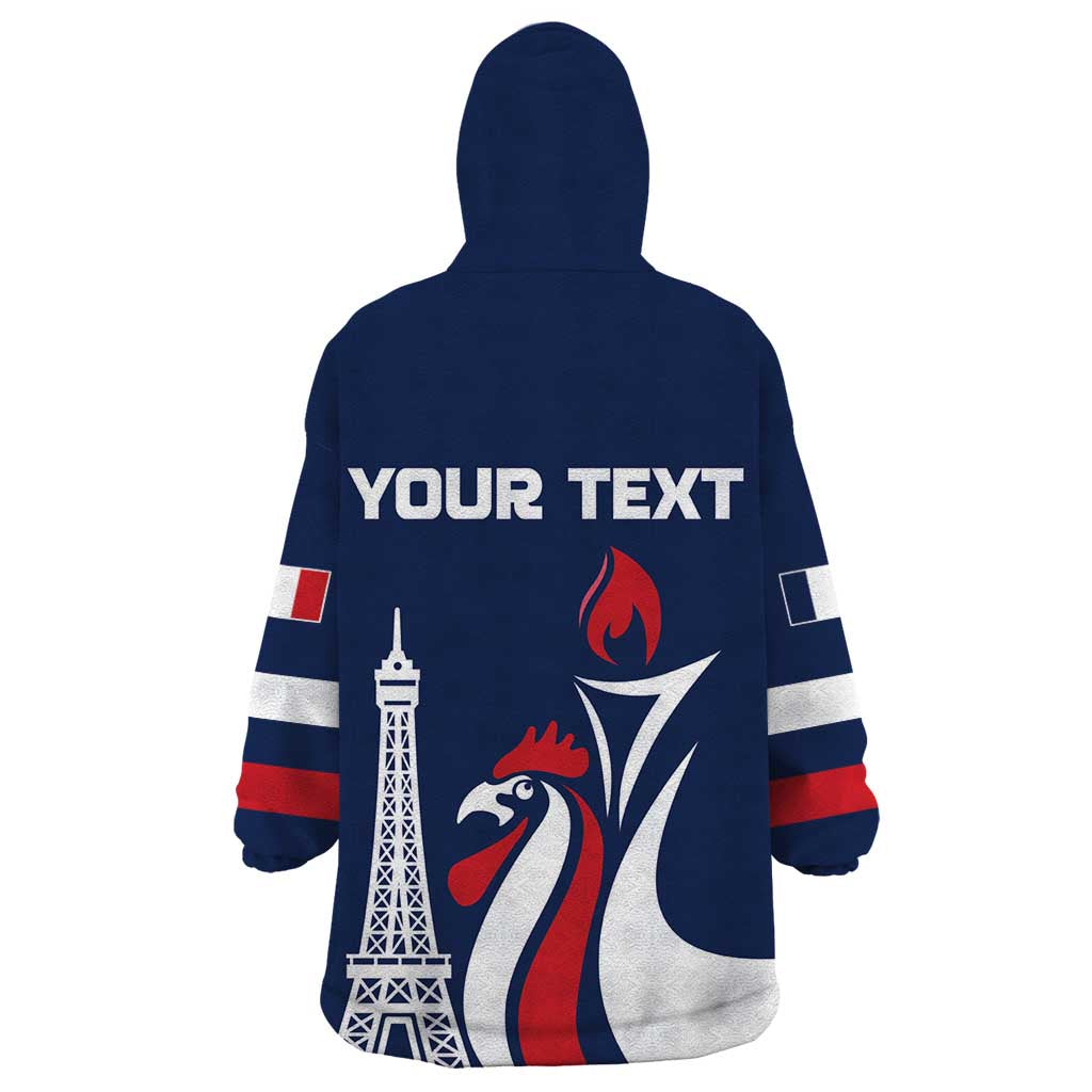 Personalized France 2024 Bonjour Wearable Blanket Hoodie Eiffel Tower Gallic Rooster - Wonder Print Shop