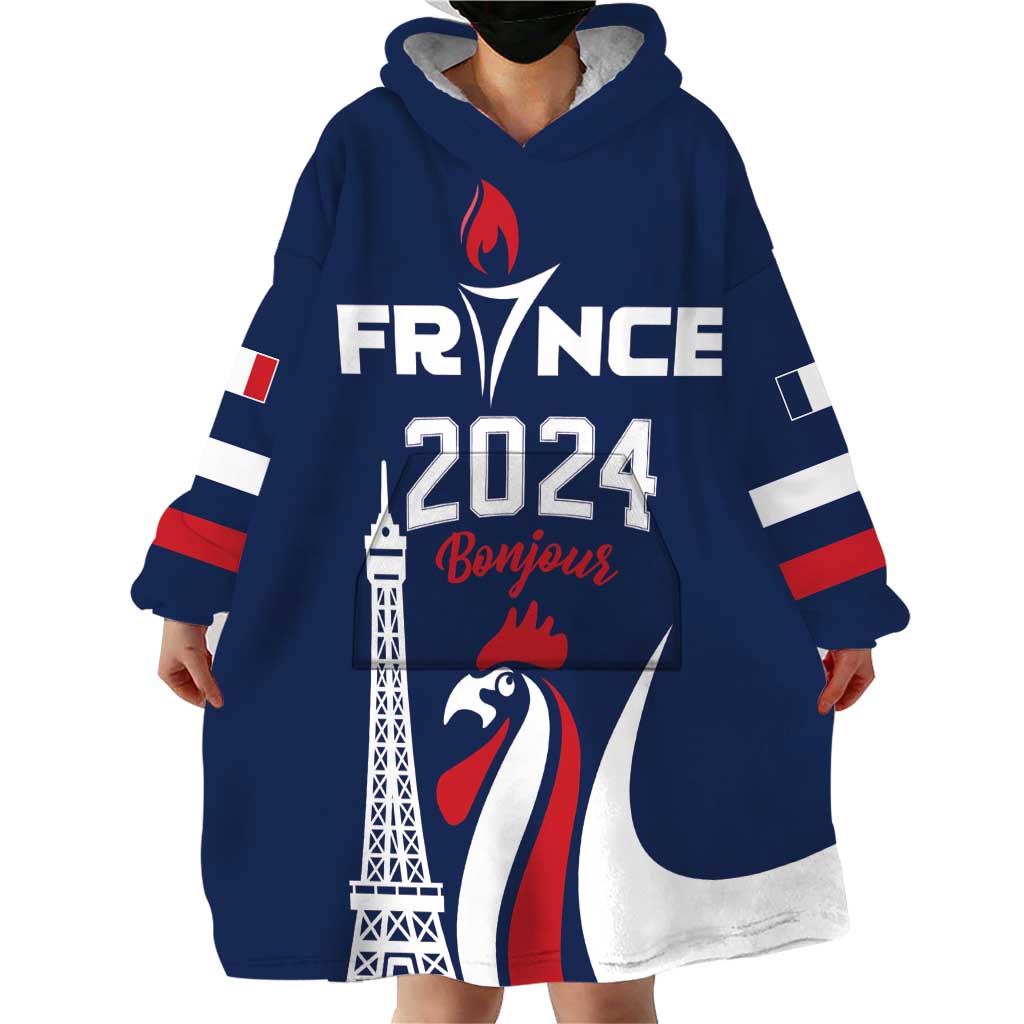 Personalized France 2024 Bonjour Wearable Blanket Hoodie Eiffel Tower Gallic Rooster - Wonder Print Shop