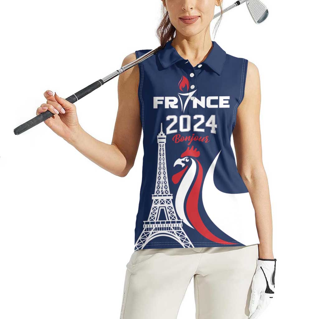 Personalized France 2024 Bonjour Women Sleeveless Polo Shirt Eiffel Tower Gallic Rooster - Wonder Print Shop