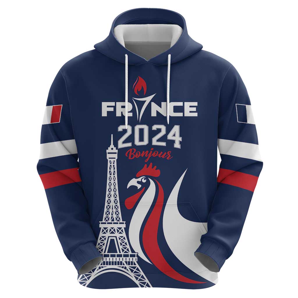 Personalized France 2024 Bonjour Zip Hoodie Eiffel Tower Gallic Rooster - Wonder Print Shop