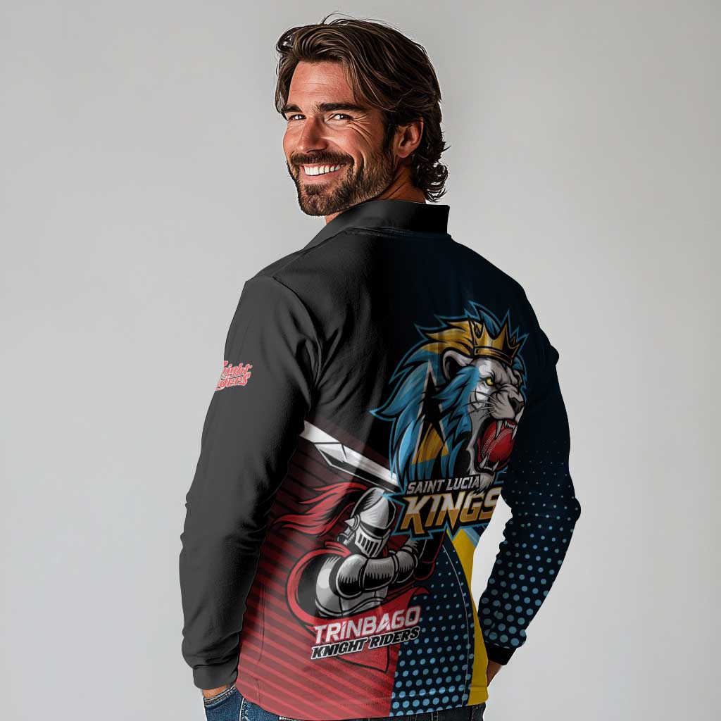 Knight Riders Trinbago Vs Kings St Lucia Cricket Long Sleeve Polo Shirt - Wonder Print Shop