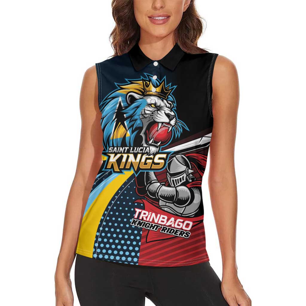 Knight Riders Trinbago Vs Kings St Lucia Cricket Women Sleeveless Polo Shirt - Wonder Print Shop
