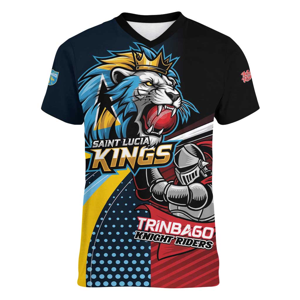 Knight Riders Trinbago Vs Kings St Lucia Cricket Women V-Neck T-Shirt - Wonder Print Shop