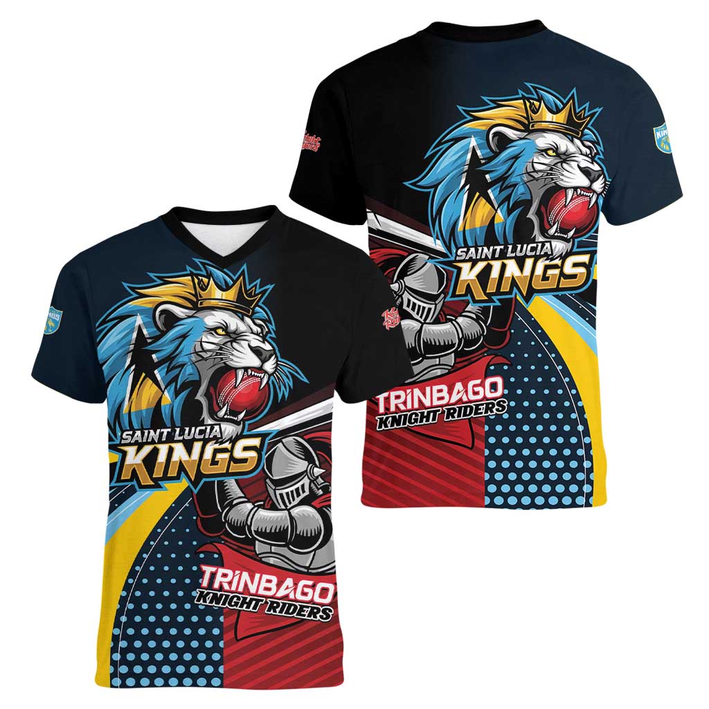 Knight Riders Trinbago Vs Kings St Lucia Cricket Women V-Neck T-Shirt - Wonder Print Shop
