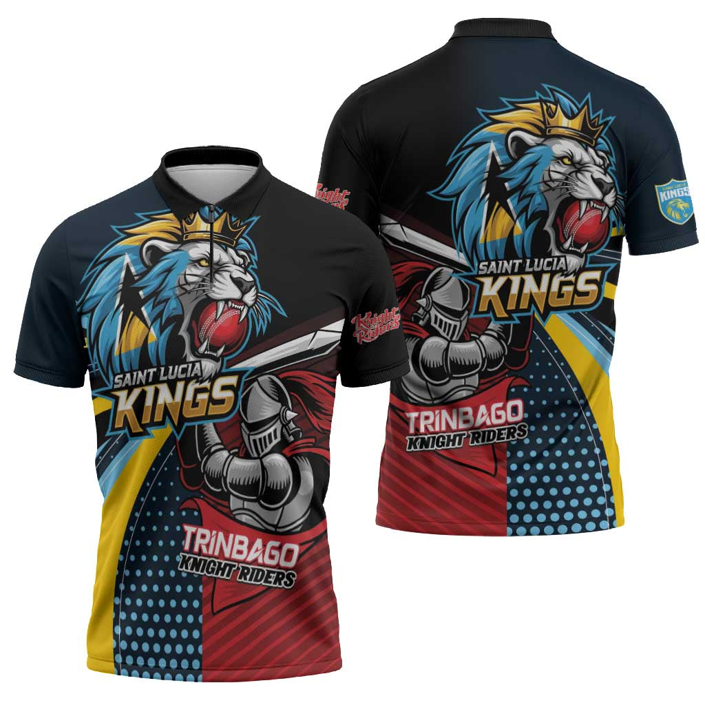 Knight Riders Trinbago Vs Kings St Lucia Cricket Zipper Polo Shirt - Wonder Print Shop