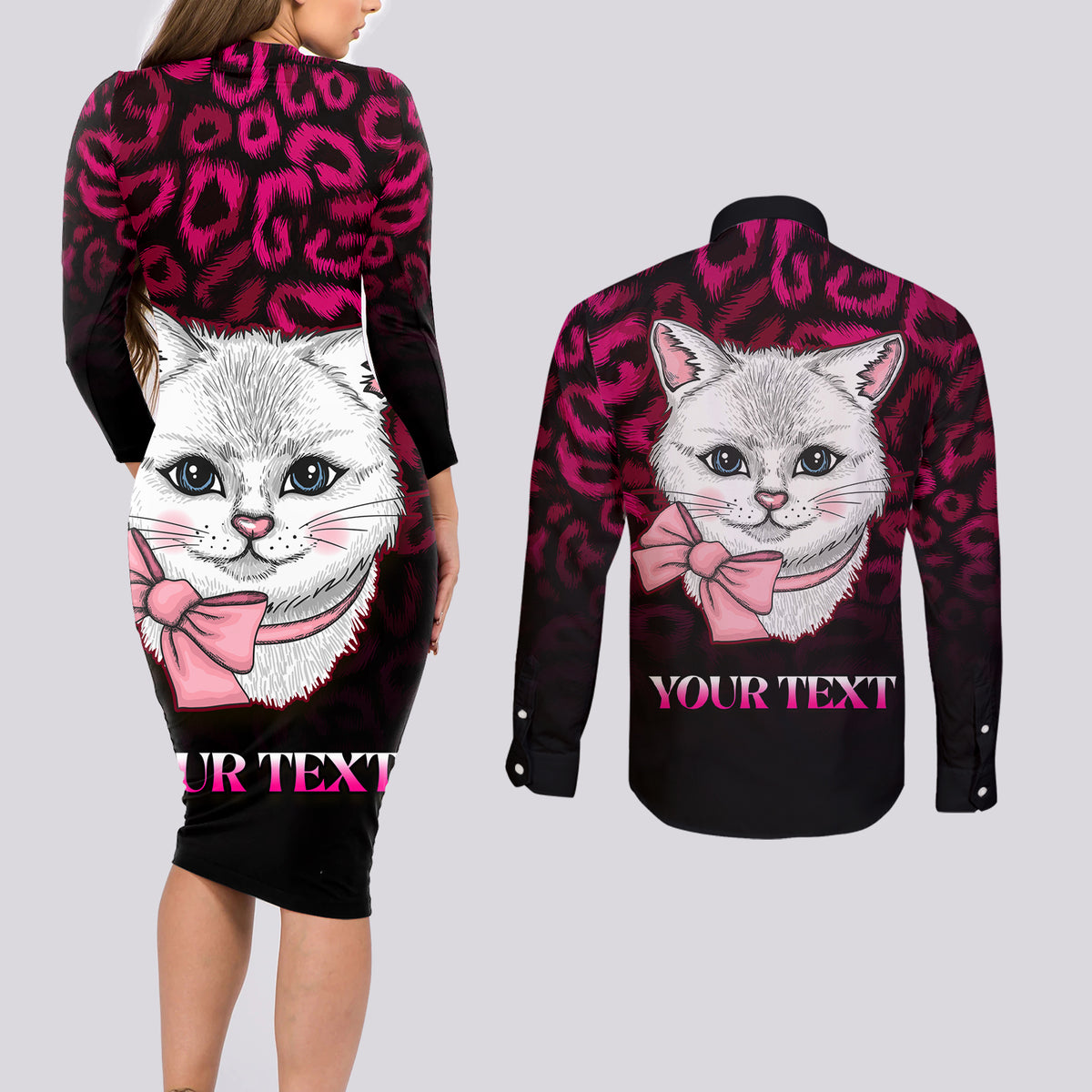 Personalised Love Your Tatas Couples Matching Long Sleeve Bodycon Dress and Long Sleeve Button Shirts Cat Breast Cancer Awareness - Wonder Print Shop