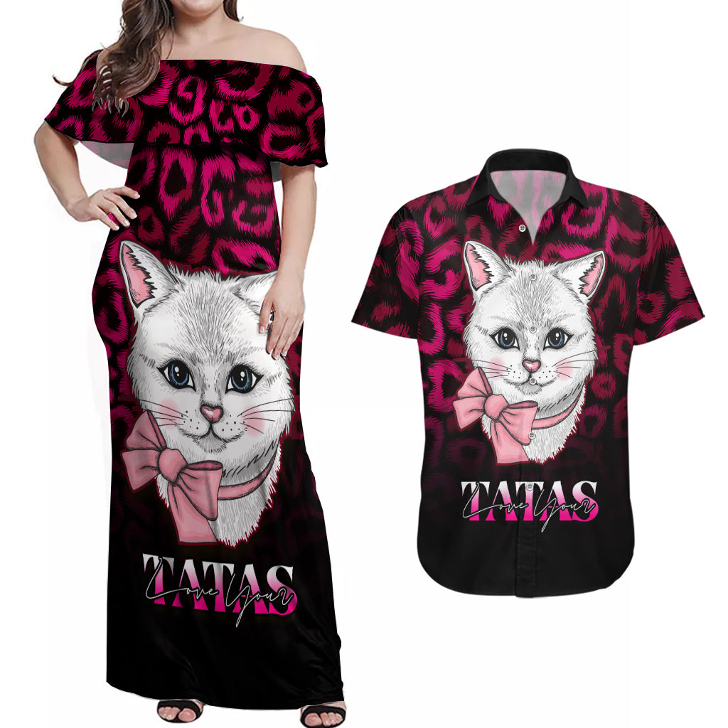 Personalised Love Your Tatas Couples Matching Off Shoulder Maxi Dress and Hawaiian Shirt Cat Breast Cancer Awareness - Wonder Print Shop