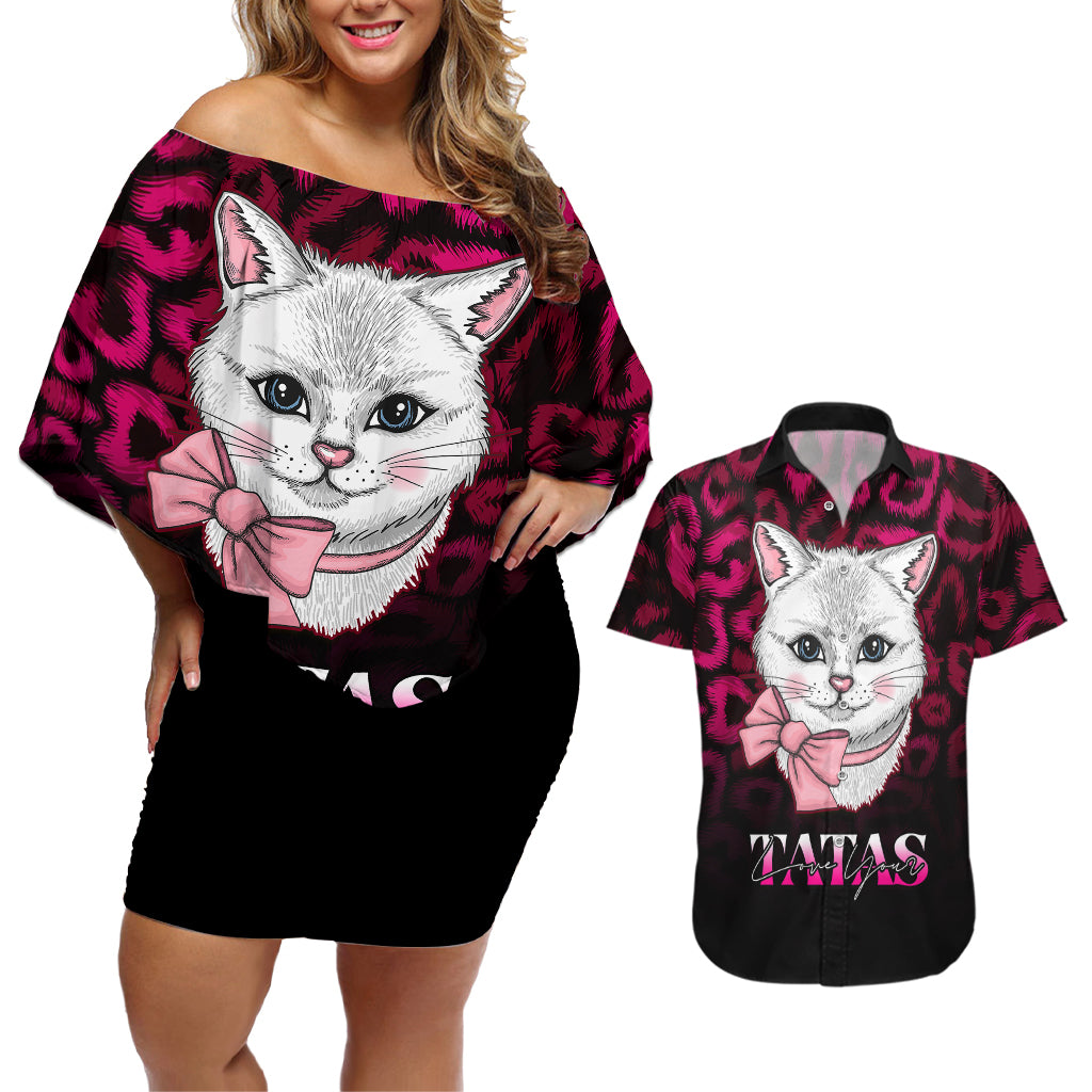 Personalised Love Your Tatas Couples Matching Off Shoulder Short Dress and Hawaiian Shirt Cat Breast Cancer Awareness - Wonder Print Shop