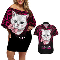Personalised Love Your Tatas Couples Matching Off Shoulder Short Dress and Hawaiian Shirt Cat Breast Cancer Awareness - Wonder Print Shop
