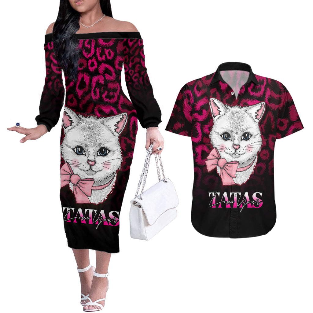 Personalised Love Your Tatas Couples Matching Off The Shoulder Long Sleeve Dress and Hawaiian Shirt Cat Breast Cancer Awareness - Wonder Print Shop