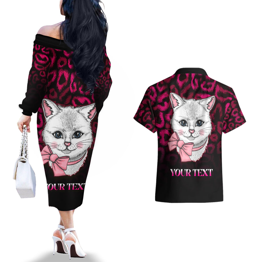 Personalised Love Your Tatas Couples Matching Off The Shoulder Long Sleeve Dress and Hawaiian Shirt Cat Breast Cancer Awareness - Wonder Print Shop