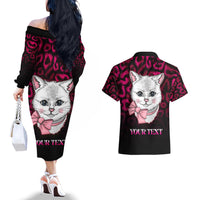 Personalised Love Your Tatas Couples Matching Off The Shoulder Long Sleeve Dress and Hawaiian Shirt Cat Breast Cancer Awareness - Wonder Print Shop