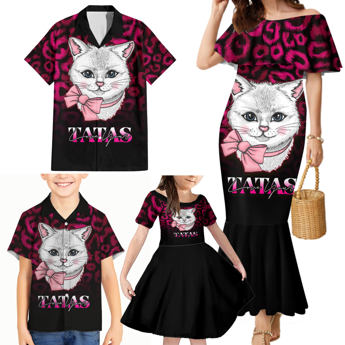 Personalised Love Your Tatas Family Matching Mermaid Dress and Hawaiian Shirt Cat Breast Cancer Awareness - Wonder Print Shop