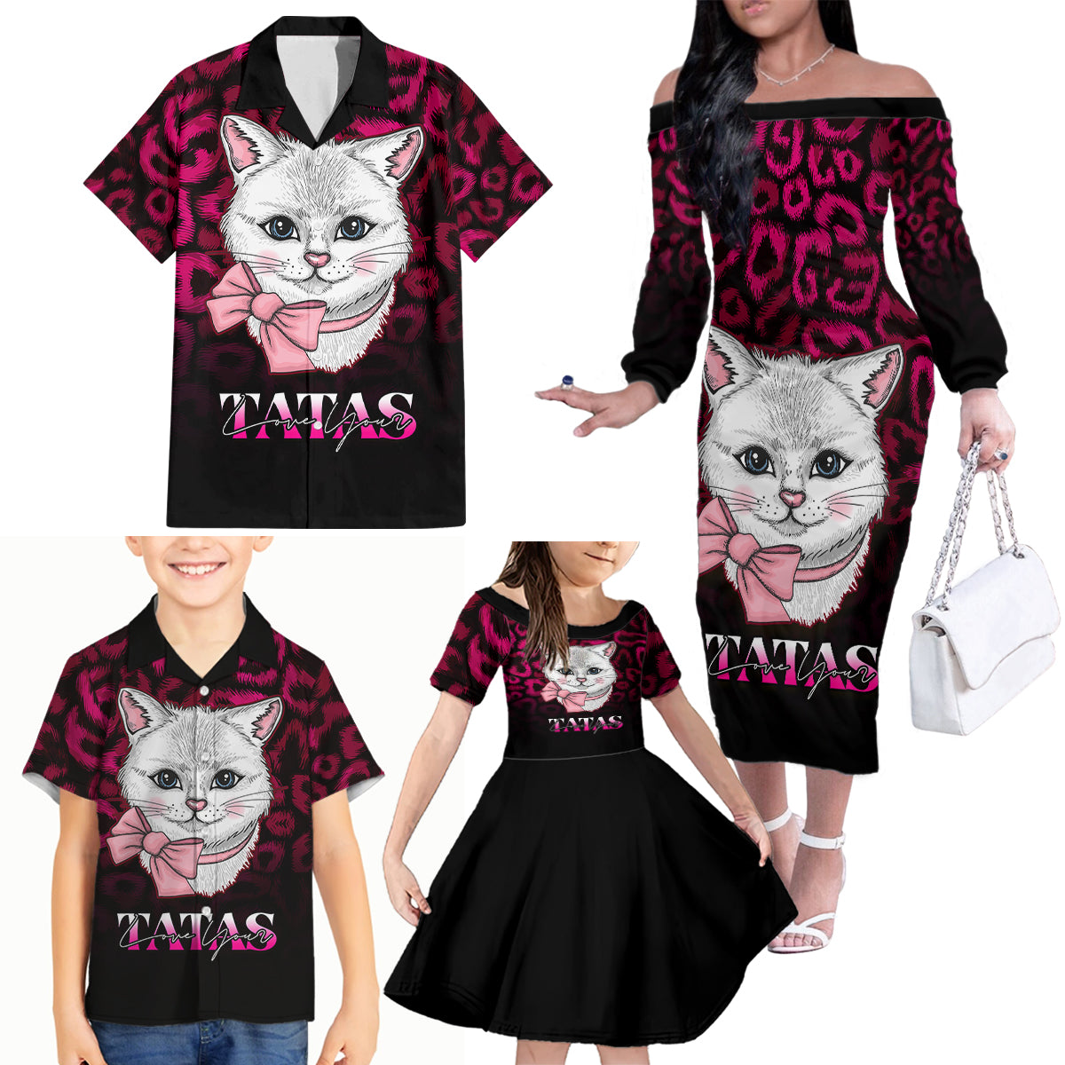 Personalised Love Your Tatas Family Matching Off Shoulder Long Sleeve Dress and Hawaiian Shirt Cat Breast Cancer Awareness - Wonder Print Shop
