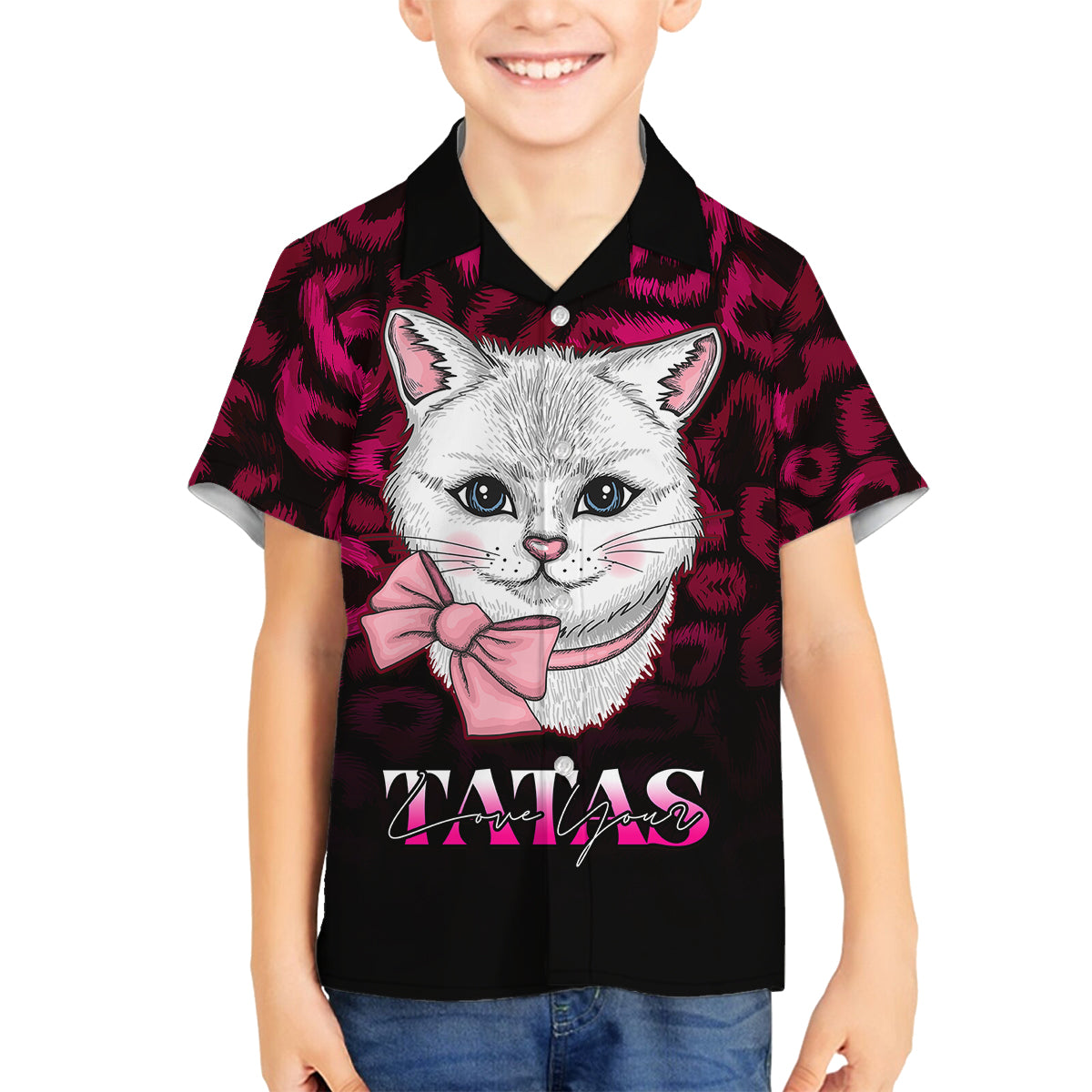 Personalised Love Your Tatas Family Matching Off Shoulder Long Sleeve Dress and Hawaiian Shirt Cat Breast Cancer Awareness - Wonder Print Shop