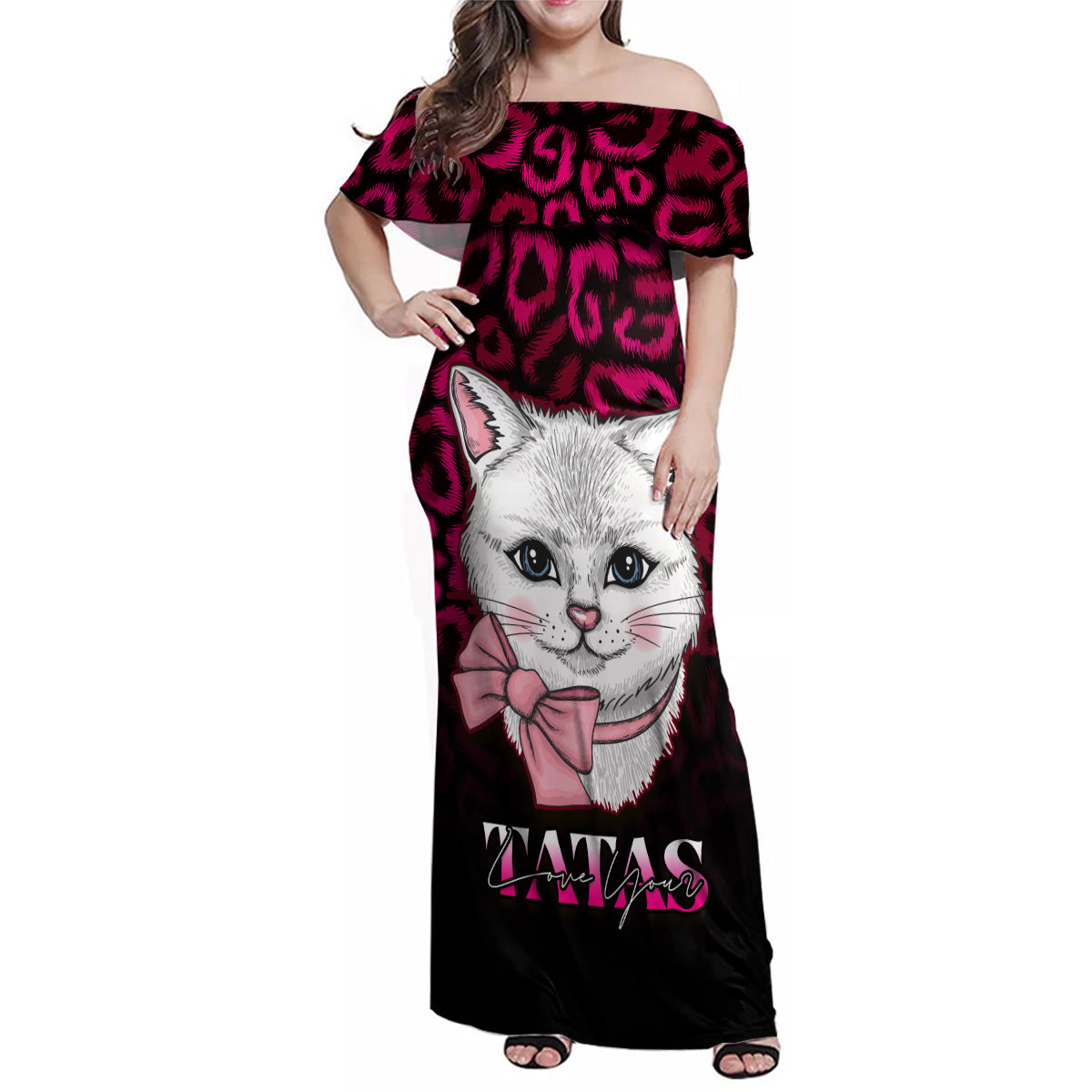 Personalised Love Your Tatas Family Matching Off Shoulder Maxi Dress and Hawaiian Shirt Cat Breast Cancer Awareness - Wonder Print Shop