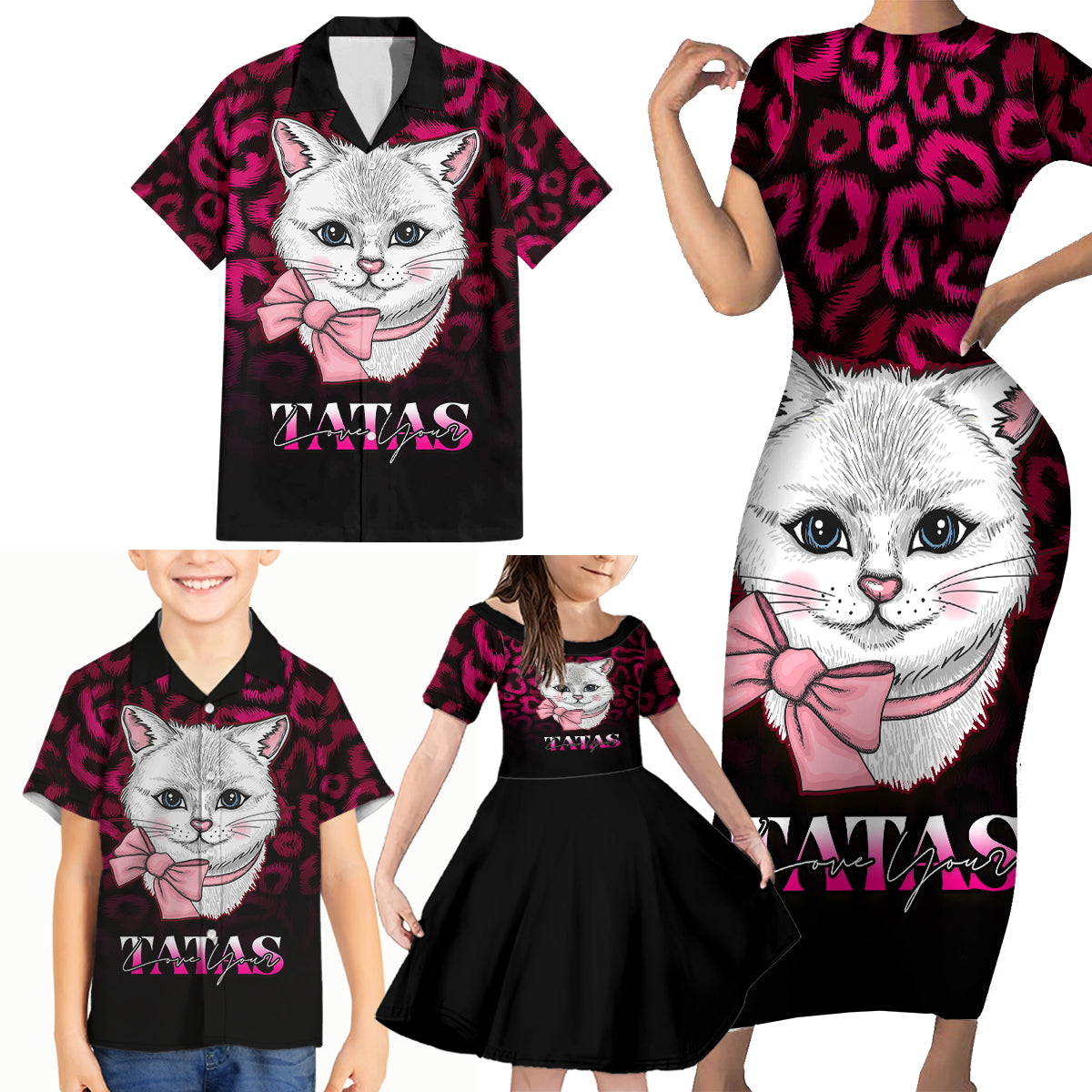 Personalised Love Your Tatas Family Matching Short Sleeve Bodycon Dress and Hawaiian Shirt Cat Breast Cancer Awareness - Wonder Print Shop