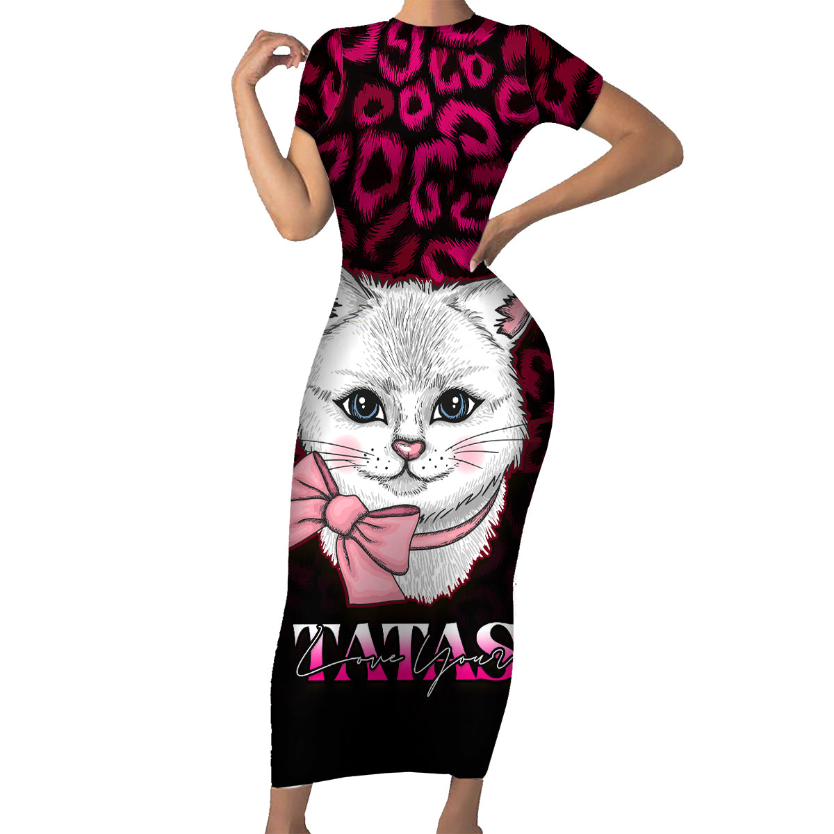 Personalised Love Your Tatas Family Matching Short Sleeve Bodycon Dress and Hawaiian Shirt Cat Breast Cancer Awareness - Wonder Print Shop