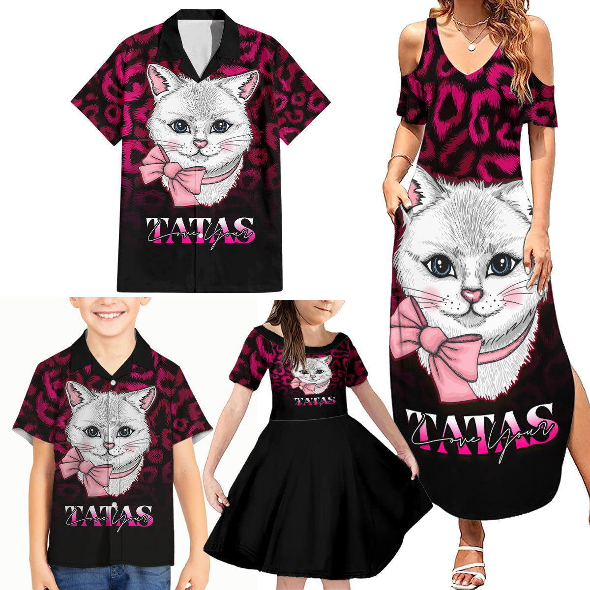 Personalised Love Your Tatas Family Matching Summer Maxi Dress and Hawaiian Shirt Cat Breast Cancer Awareness - Wonder Print Shop