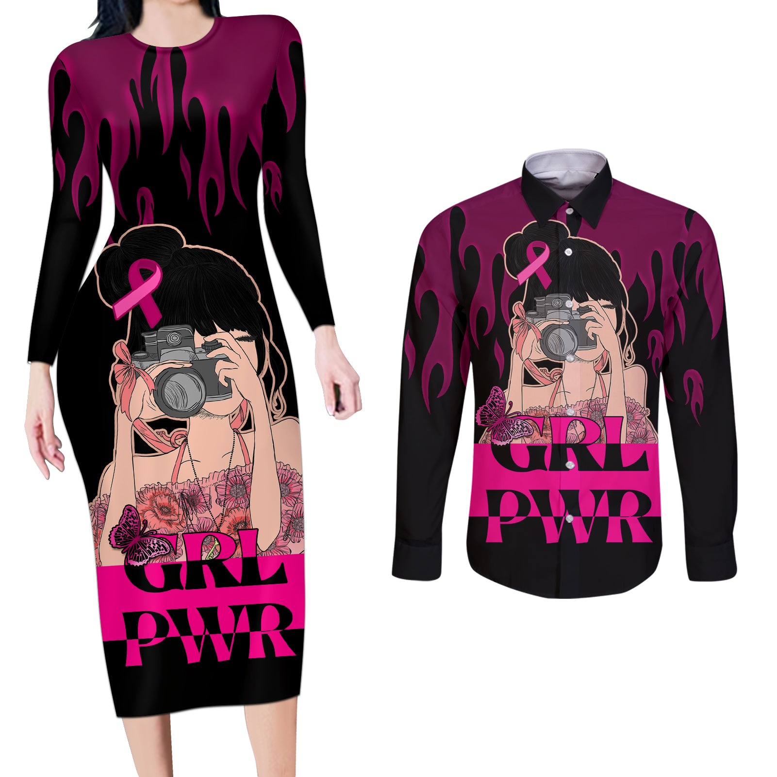 Personalised Girl Power Couples Matching Long Sleeve Bodycon Dress and Long Sleeve Button Shirts Day Of The Girl Breast Cancer Awareness - Wonder Print Shop