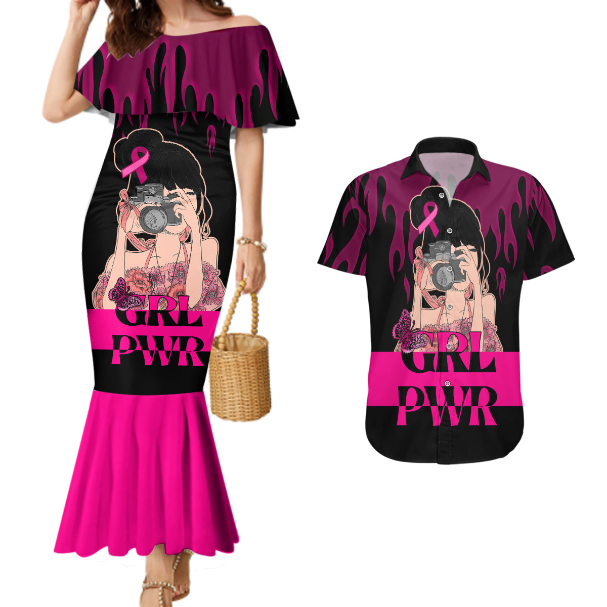 Personalised Girl Power Couples Matching Mermaid Dress and Hawaiian Shirt Day Of The Girl Breast Cancer Awareness - Wonder Print Shop