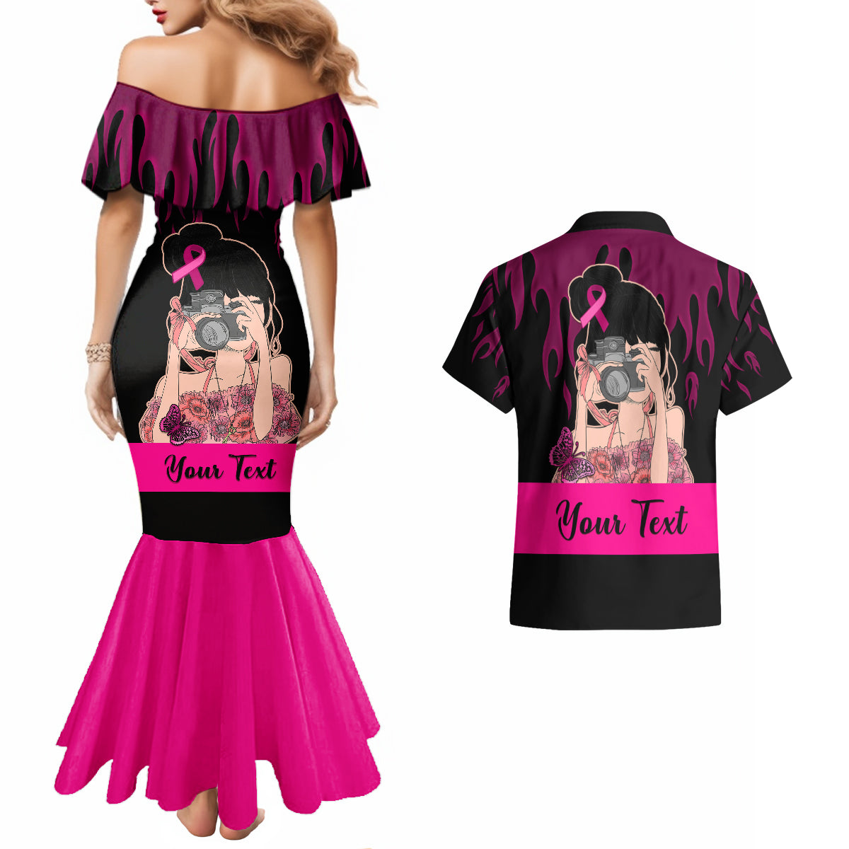 Personalised Girl Power Couples Matching Mermaid Dress and Hawaiian Shirt Day Of The Girl Breast Cancer Awareness - Wonder Print Shop