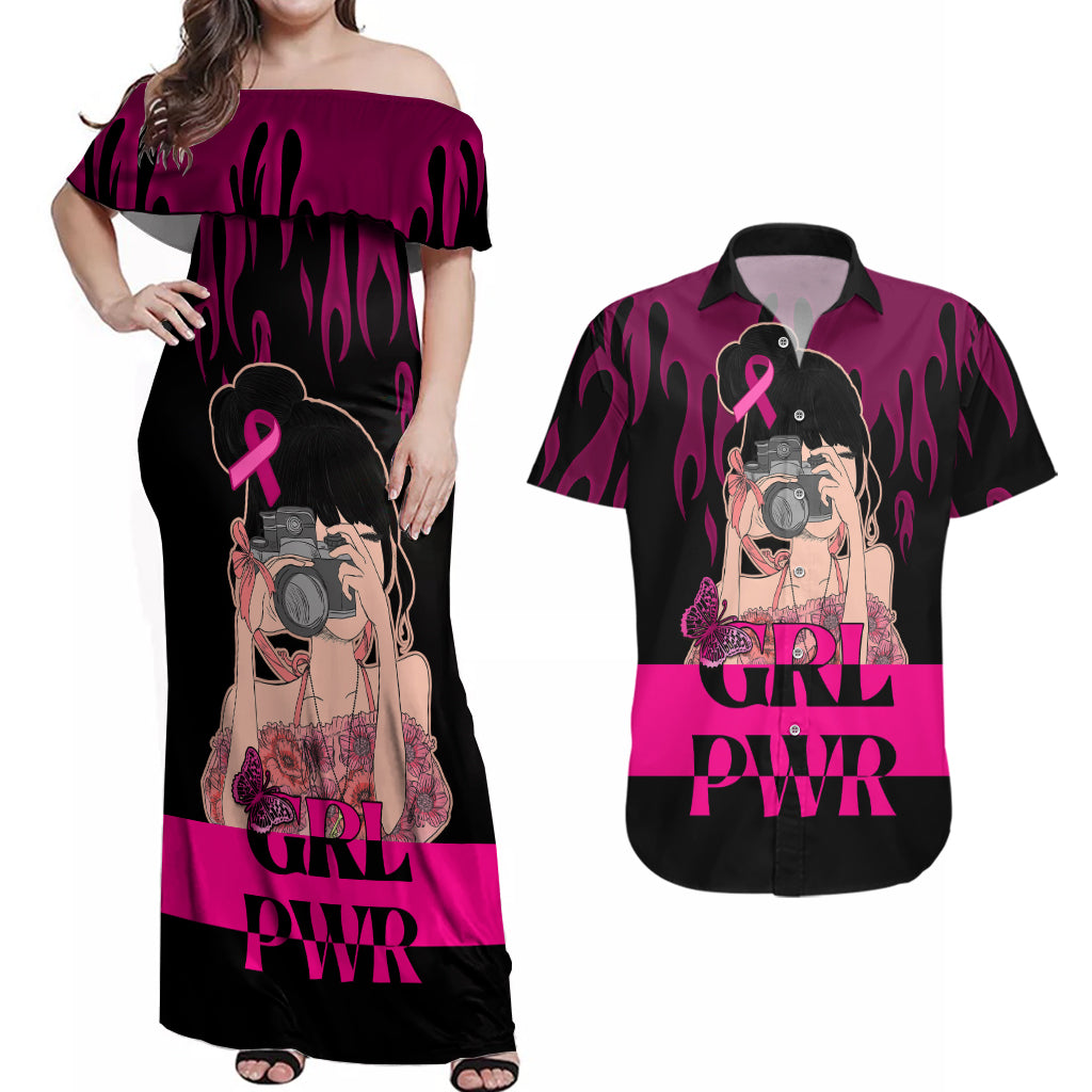 Personalised Girl Power Couples Matching Off Shoulder Maxi Dress and Hawaiian Shirt Day Of The Girl Breast Cancer Awareness - Wonder Print Shop