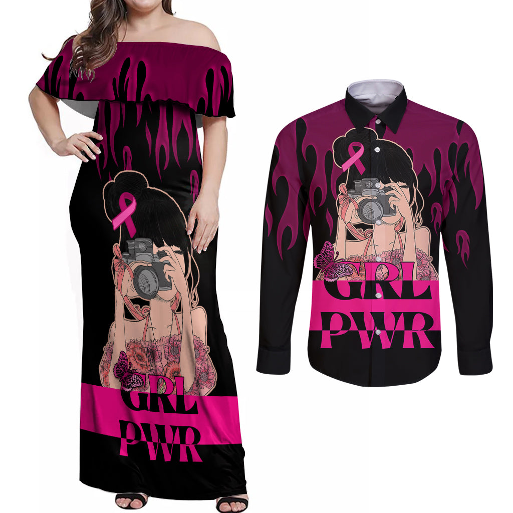 Personalised Girl Power Couples Matching Off Shoulder Maxi Dress and Long Sleeve Button Shirts Day Of The Girl Breast Cancer Awareness - Wonder Print Shop