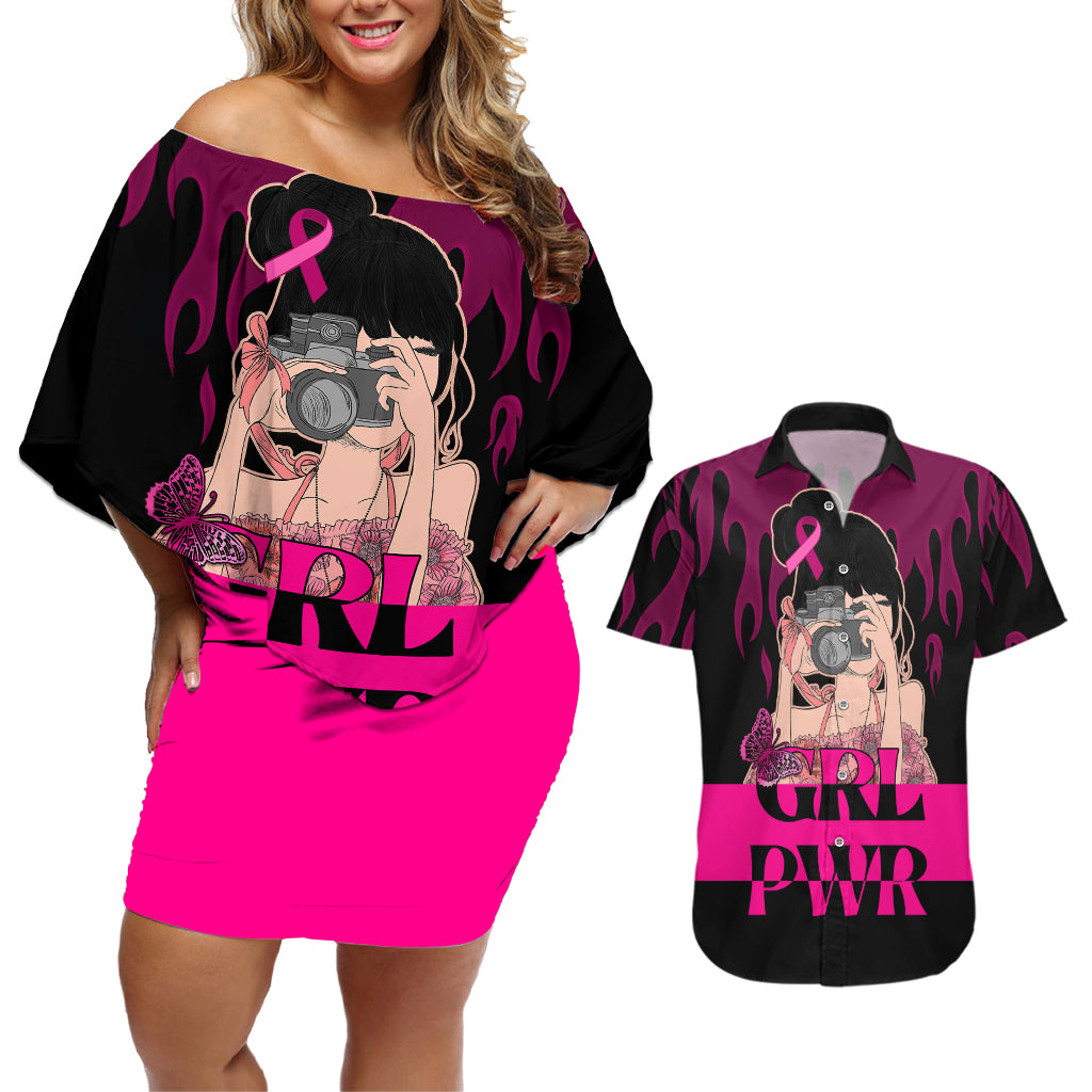 Personalised Girl Power Couples Matching Off Shoulder Short Dress and Hawaiian Shirt Day Of The Girl Breast Cancer Awareness - Wonder Print Shop