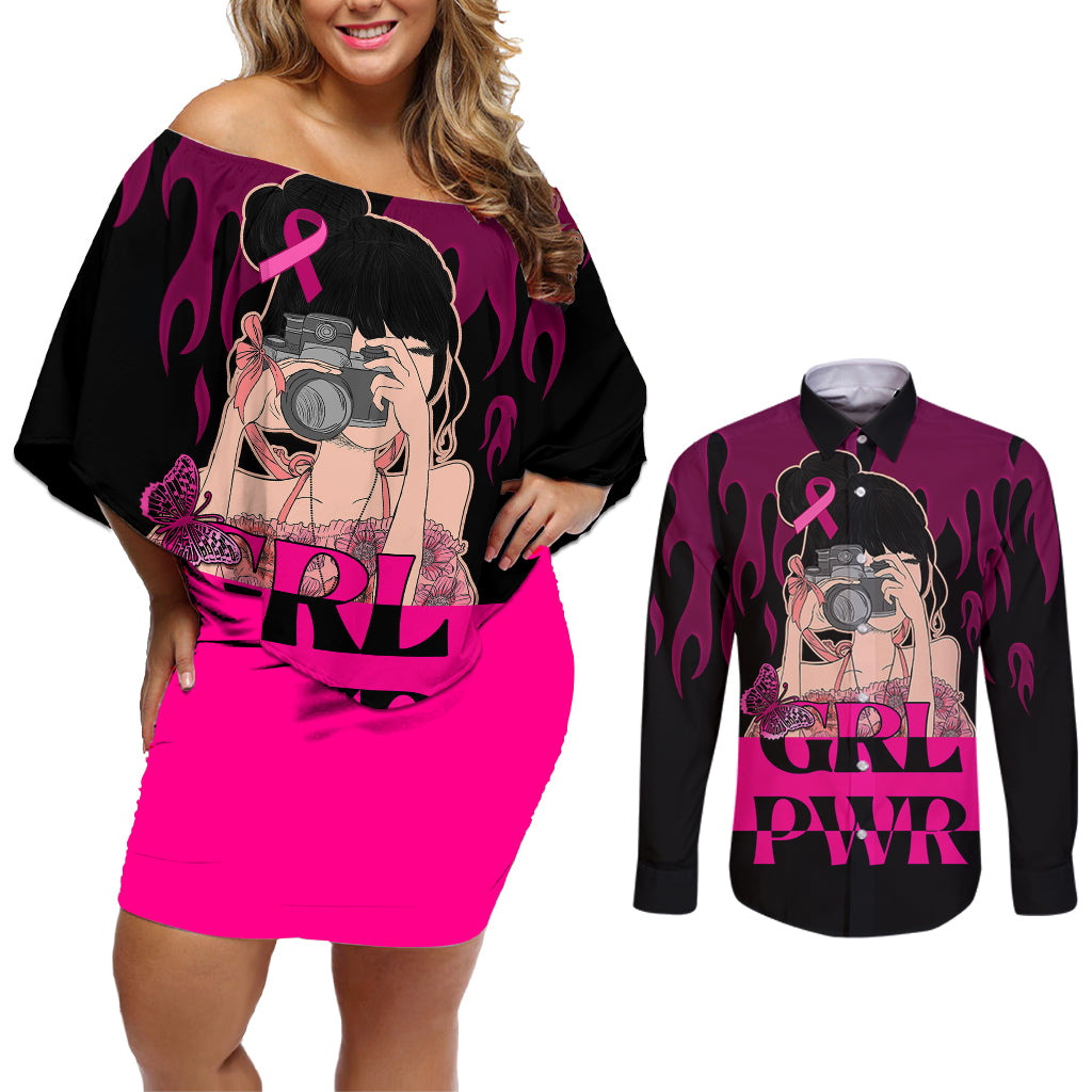 Personalised Girl Power Couples Matching Off Shoulder Short Dress and Long Sleeve Button Shirts Day Of The Girl Breast Cancer Awareness - Wonder Print Shop