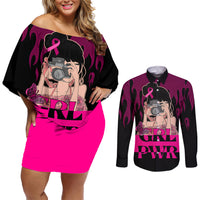 Personalised Girl Power Couples Matching Off Shoulder Short Dress and Long Sleeve Button Shirts Day Of The Girl Breast Cancer Awareness - Wonder Print Shop