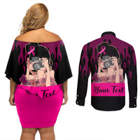 Personalised Girl Power Couples Matching Off Shoulder Short Dress and Long Sleeve Button Shirts Day Of The Girl Breast Cancer Awareness - Wonder Print Shop