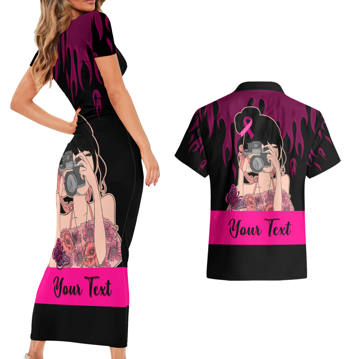 Personalised Girl Power Couples Matching Short Sleeve Bodycon Dress and Hawaiian Shirt Day Of The Girl Breast Cancer Awareness - Wonder Print Shop
