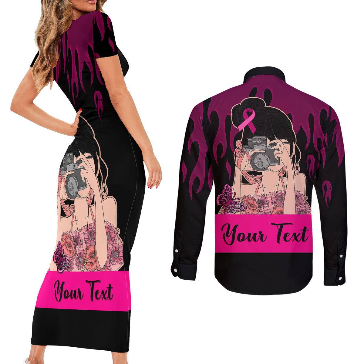 Personalised Girl Power Couples Matching Short Sleeve Bodycon Dress and Long Sleeve Button Shirts Day Of The Girl Breast Cancer Awareness - Wonder Print Shop