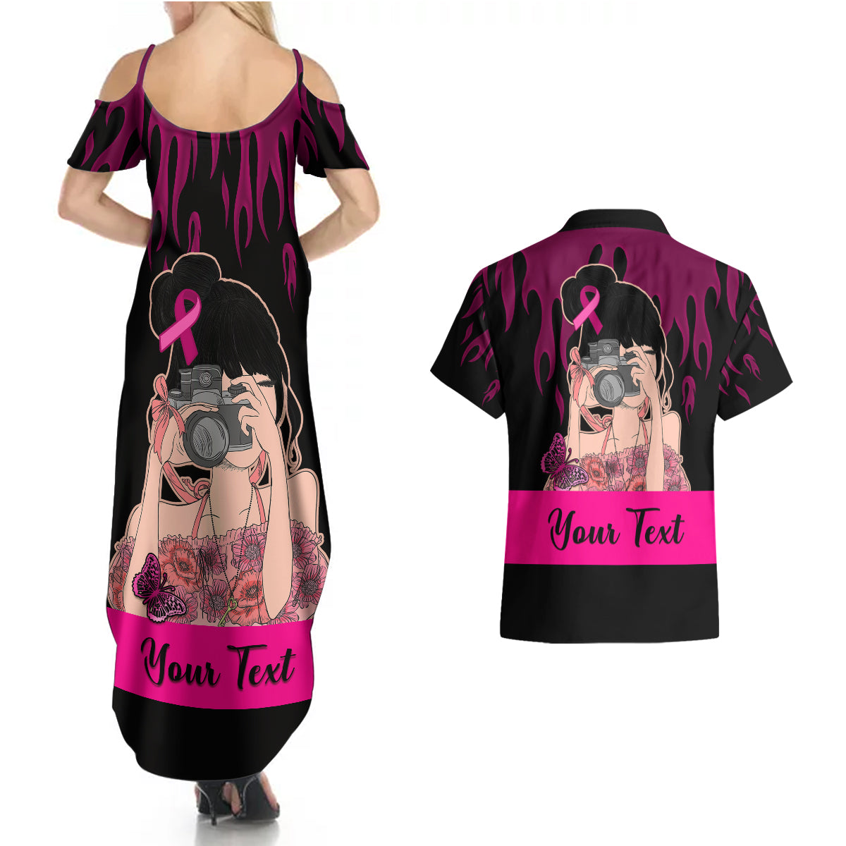 Personalised Girl Power Couples Matching Summer Maxi Dress and Hawaiian Shirt Day Of The Girl Breast Cancer Awareness - Wonder Print Shop