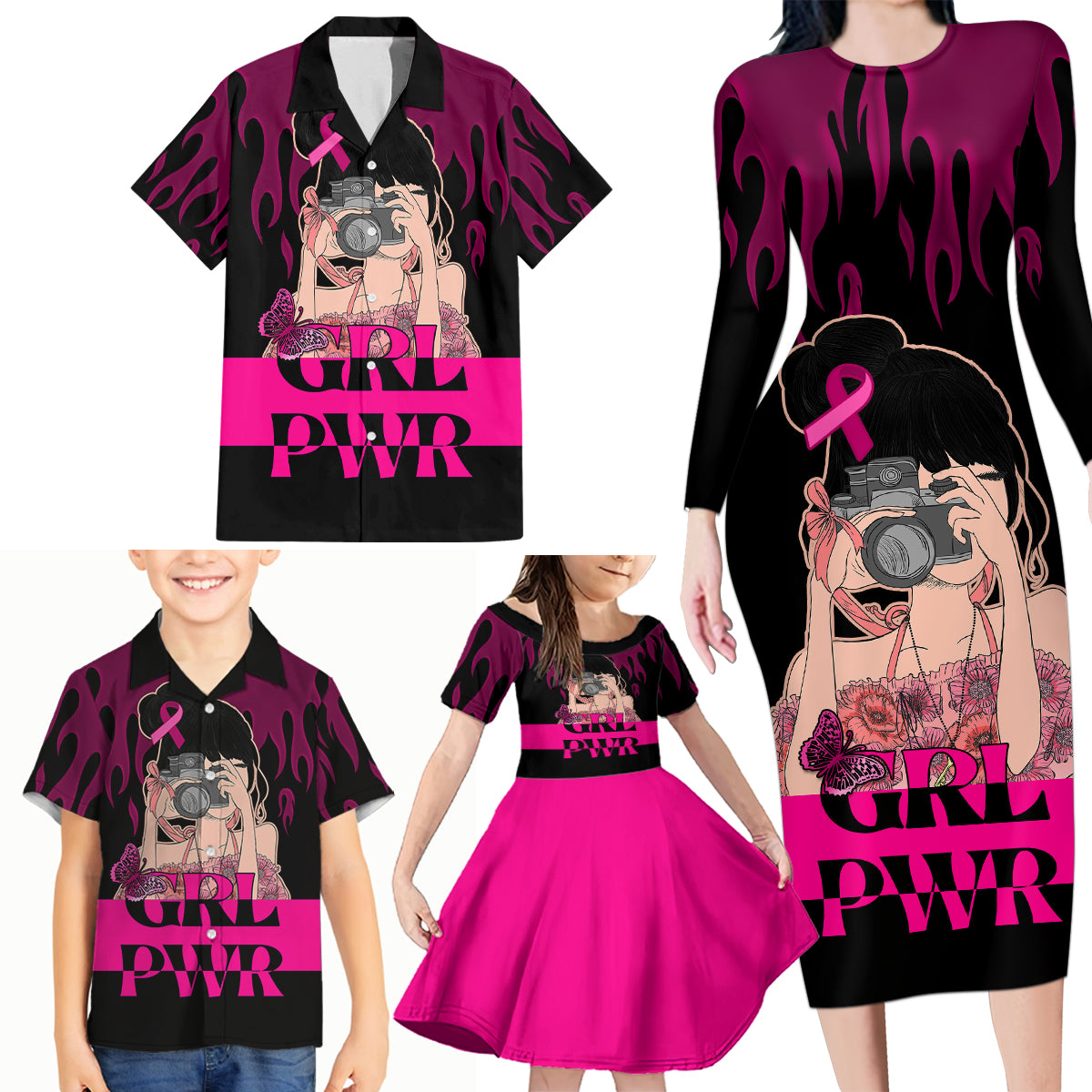 Personalised Girl Power Family Matching Long Sleeve Bodycon Dress and Hawaiian Shirt Day Of The Girl Breast Cancer Awareness - Wonder Print Shop