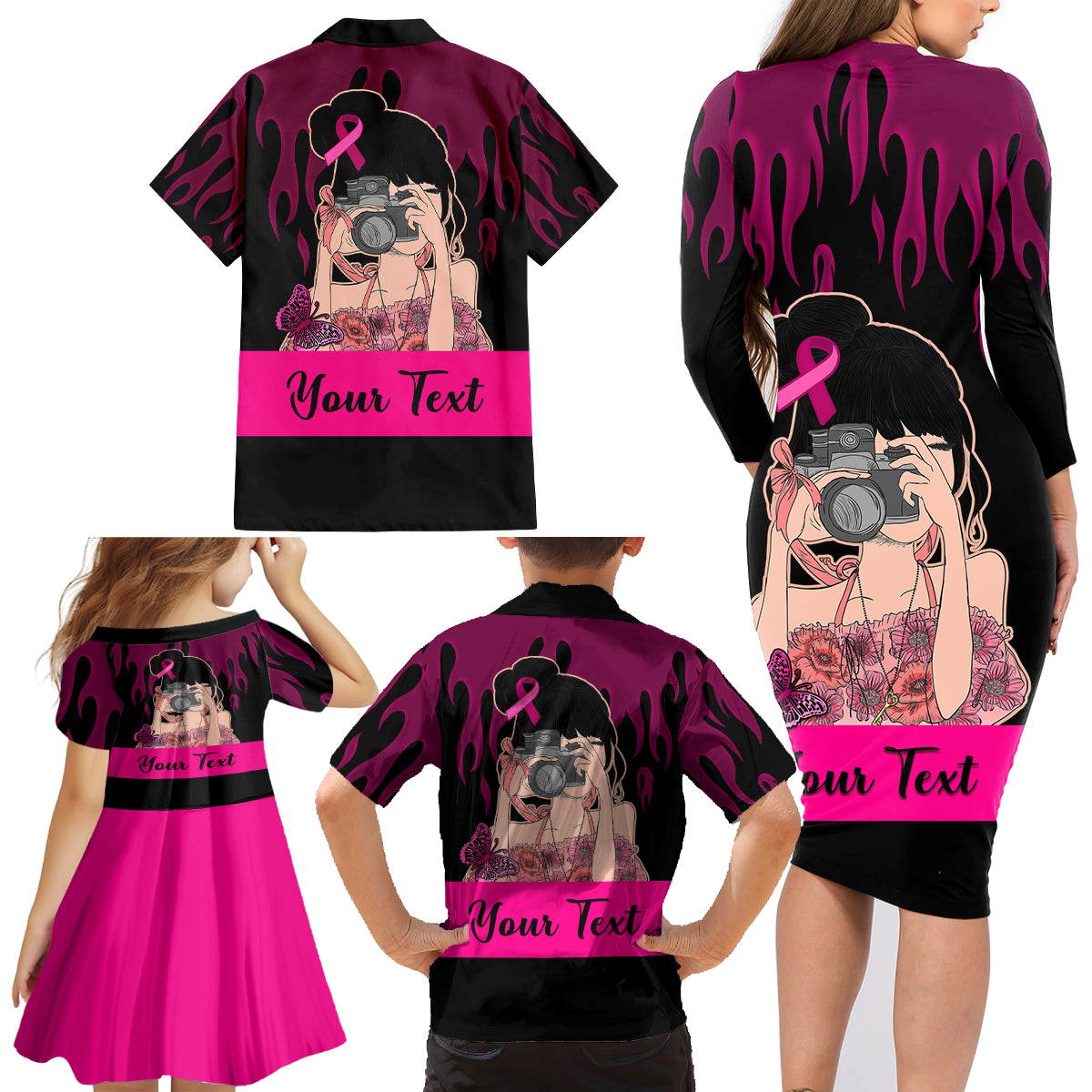 Personalised Girl Power Family Matching Long Sleeve Bodycon Dress and Hawaiian Shirt Day Of The Girl Breast Cancer Awareness - Wonder Print Shop