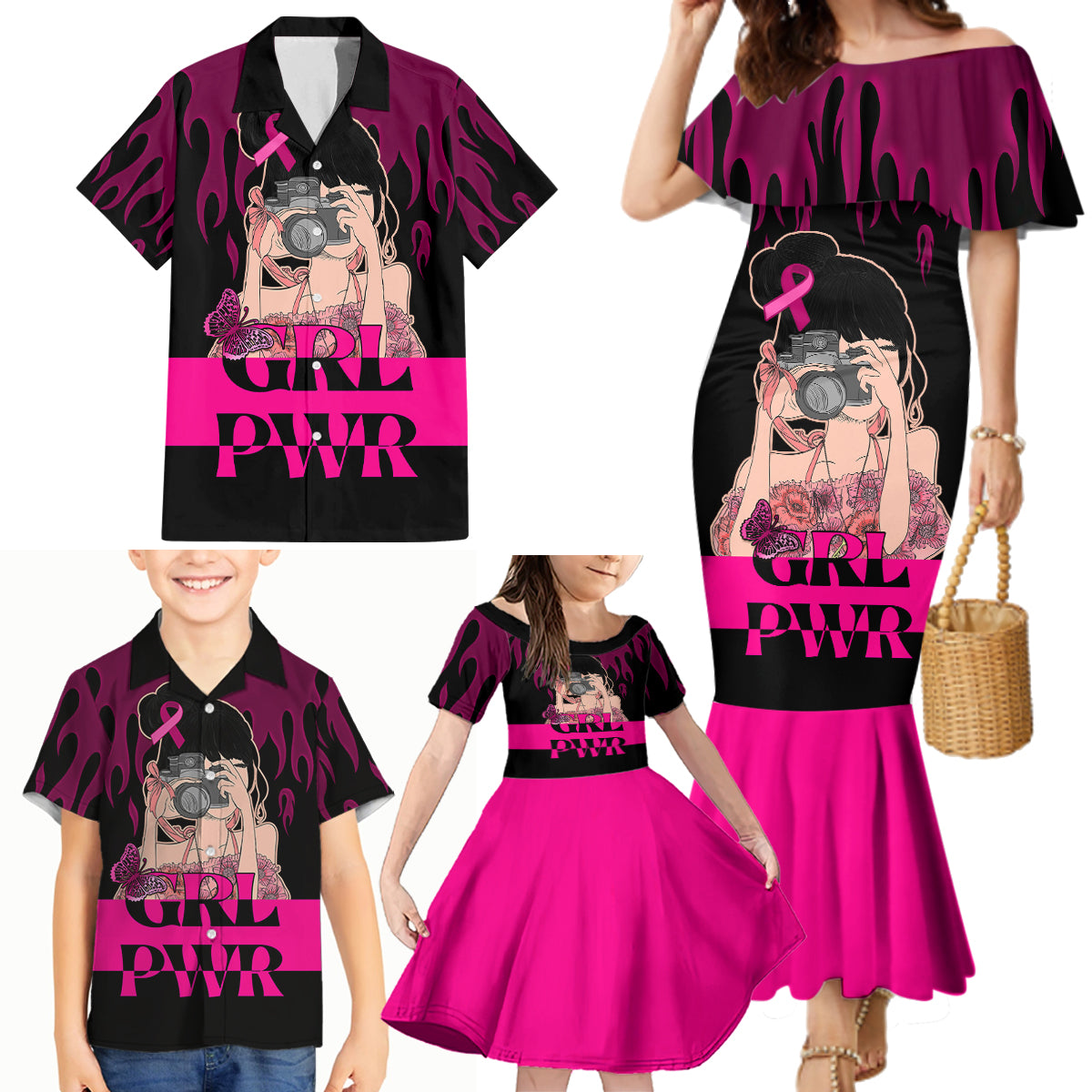 Personalised Girl Power Family Matching Mermaid Dress and Hawaiian Shirt Day Of The Girl Breast Cancer Awareness - Wonder Print Shop