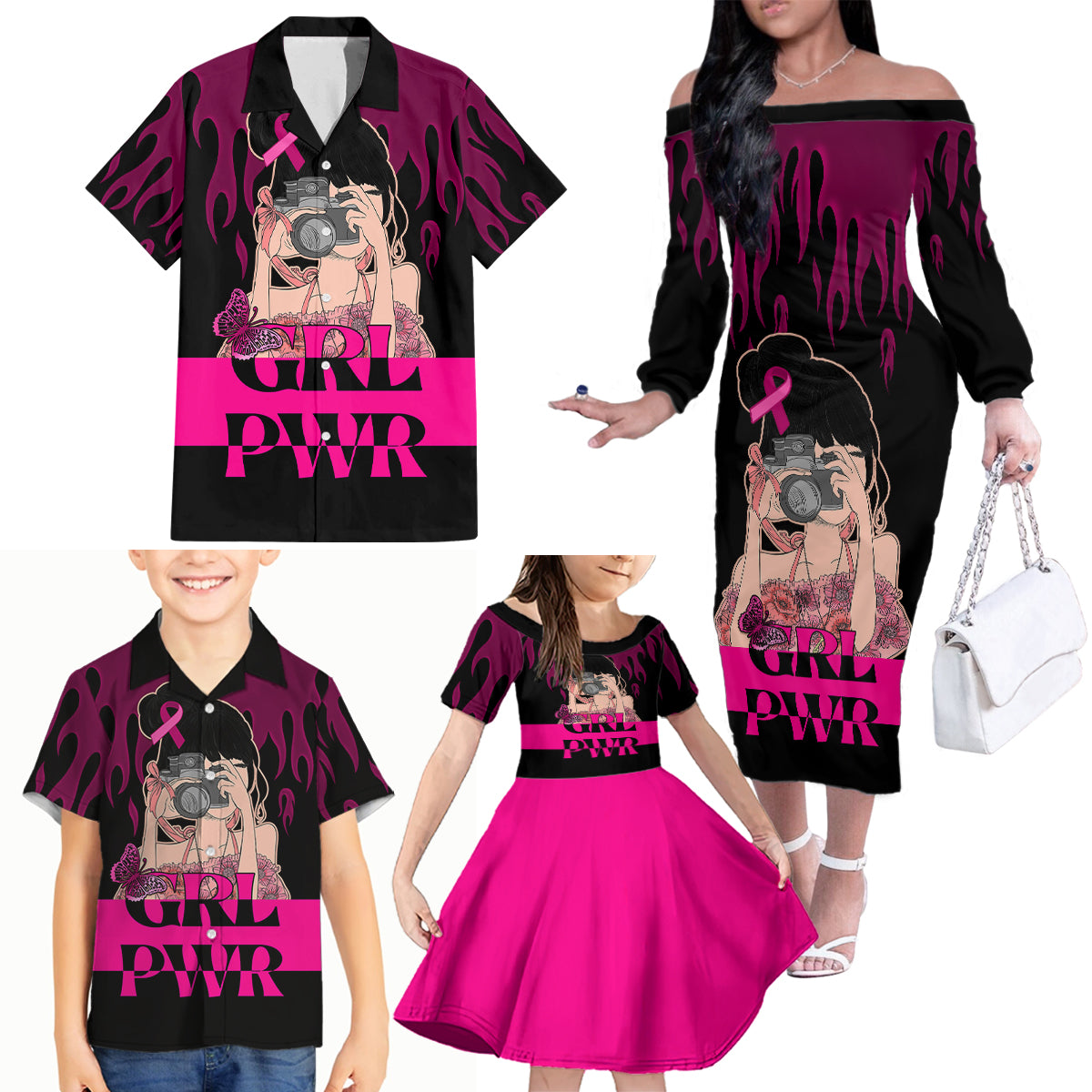 Personalised Girl Power Family Matching Off Shoulder Long Sleeve Dress and Hawaiian Shirt Day Of The Girl Breast Cancer Awareness - Wonder Print Shop