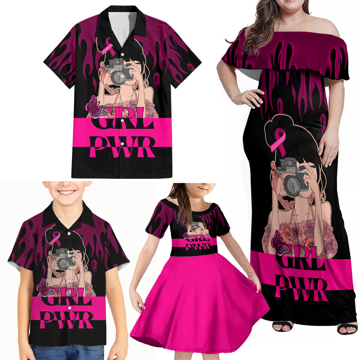 Personalised Girl Power Family Matching Off Shoulder Maxi Dress and Hawaiian Shirt Day Of The Girl Breast Cancer Awareness - Wonder Print Shop