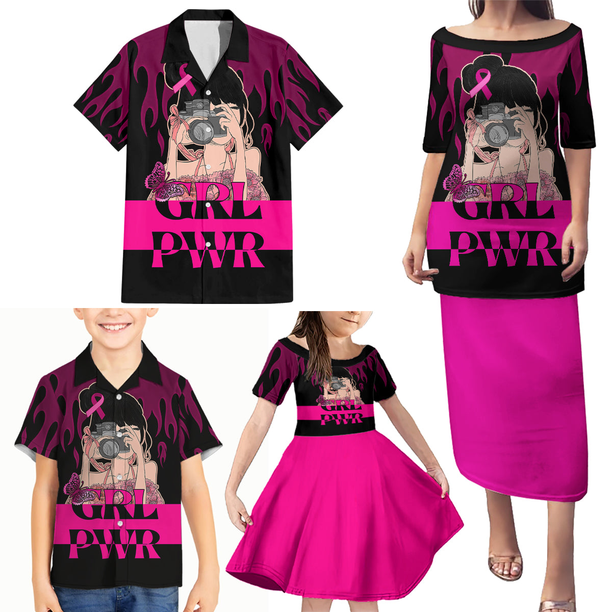 Personalised Girl Power Family Matching Puletasi Dress and Hawaiian Shirt Day Of The Girl Breast Cancer Awareness - Wonder Print Shop